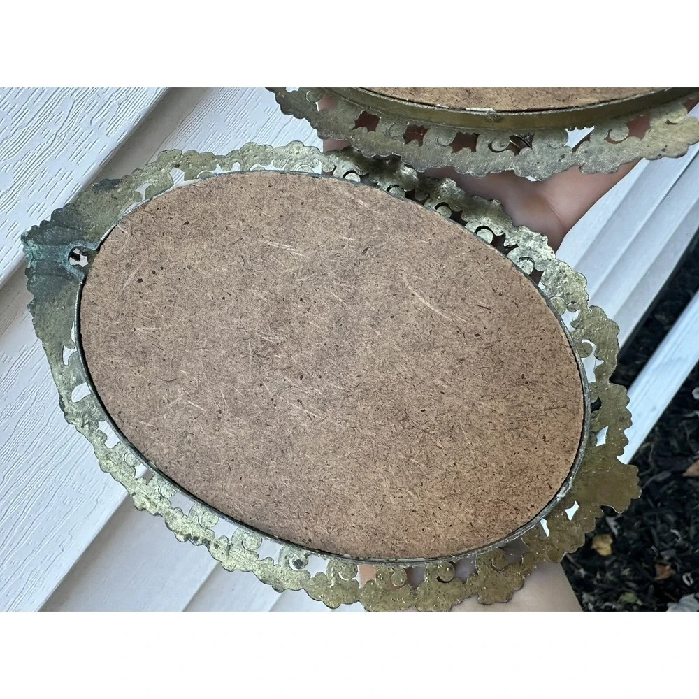 Vintage Victorian Brass Oval Ornate Picture Frames Silk Children‎ Outdoors X2